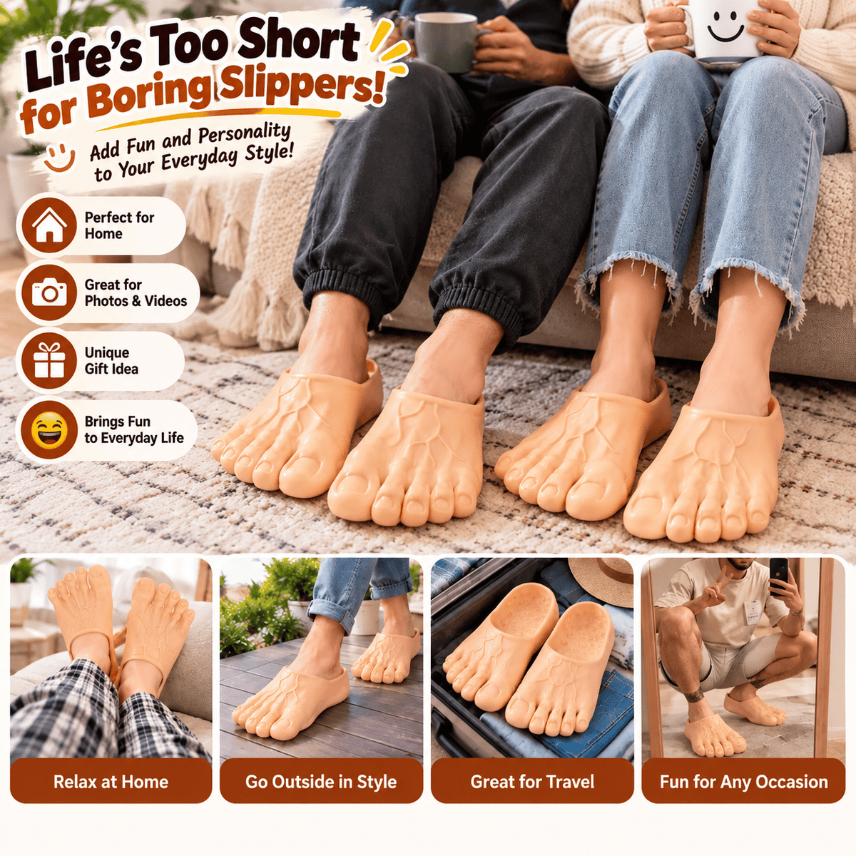 ✨🏆Early Holiday Sale 49% OFF😂 Realistic Barefoot Slippers – Funny Giant Toe Slides, Hilarious Prank Gift 👣