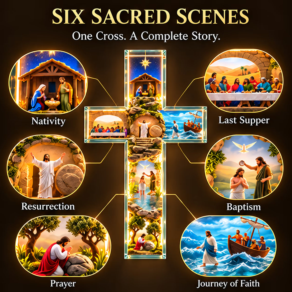 🔥Last Day 50% OFF🙏✝️ The Story of Jesus LED Cross Lamp ✨ 6 Biblical Scenes & Meaningful Christian Gift