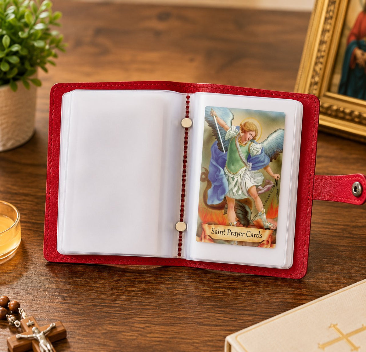 (🎁Last Day 49% OFF)✝️Catholic Genuine Leather Holy Card Holder – Pocket Prayer Card Organizer with Snap Closure