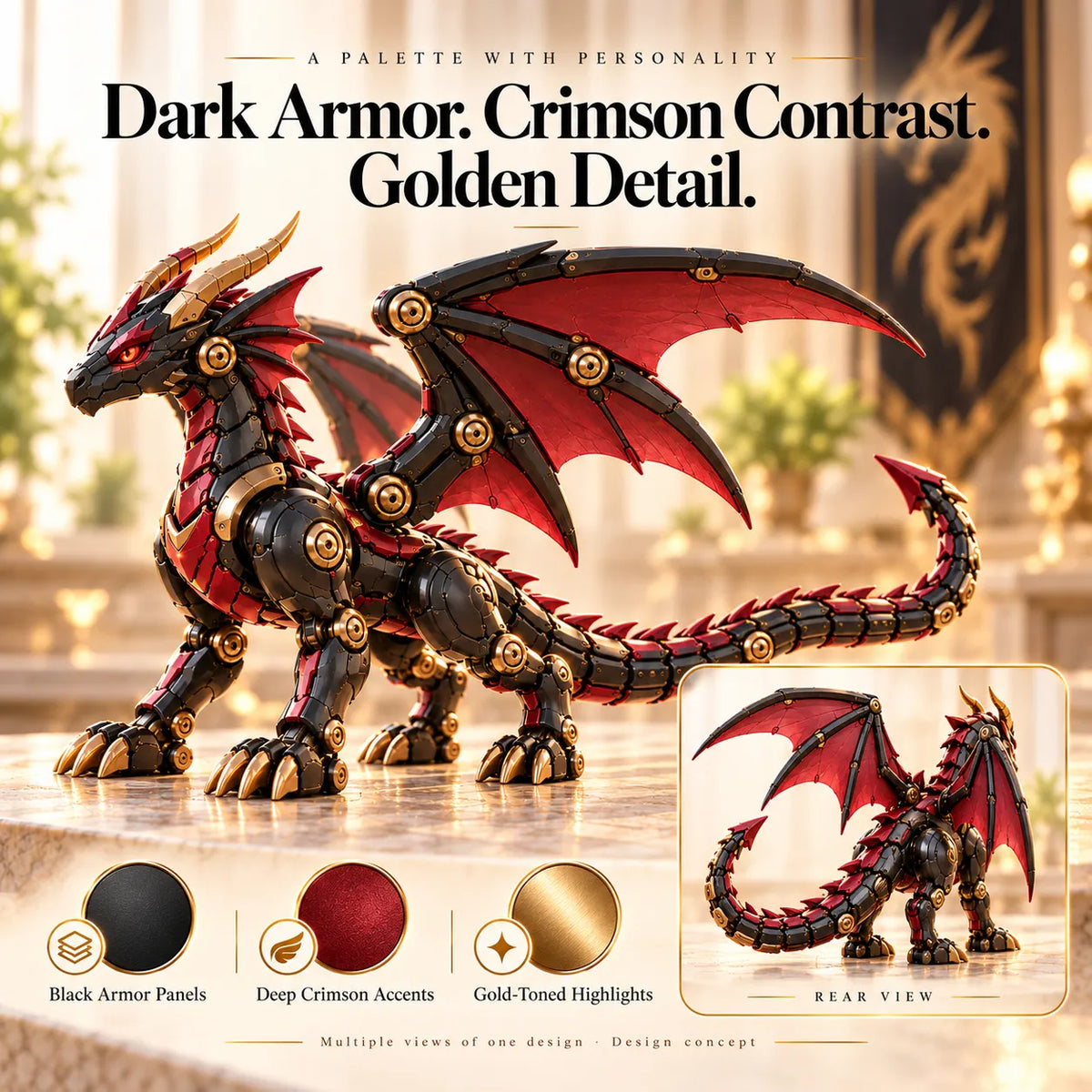 🔥LAST DAY 49% OFF -🐉 Mechanical Dragon Egg – Black & Crimson Dragon with Folding Wings & Armored Details